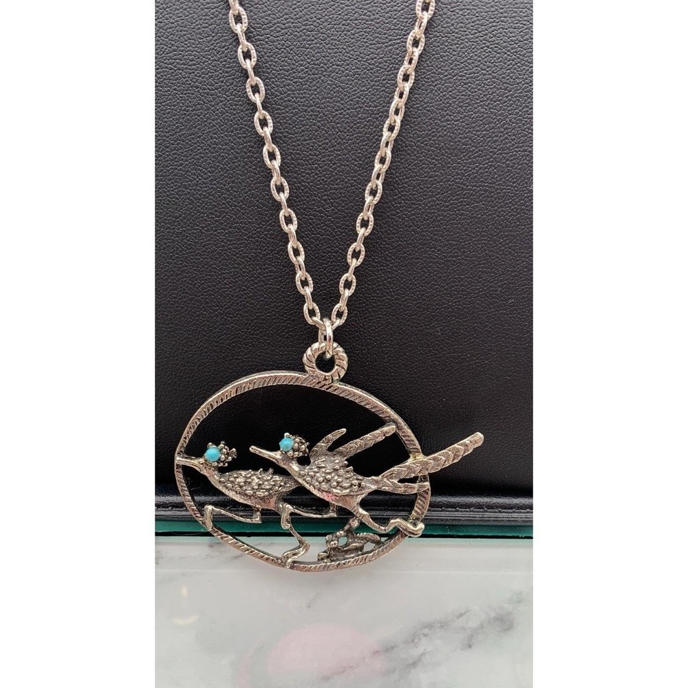 Vintage Silver Tone Road Runner Pendant Chain Necklace Fau Turquoise 24"